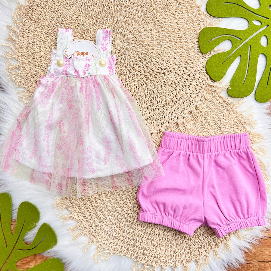 Conj. Batinha Plantinhas em Tule com Short - Off White e Lilás